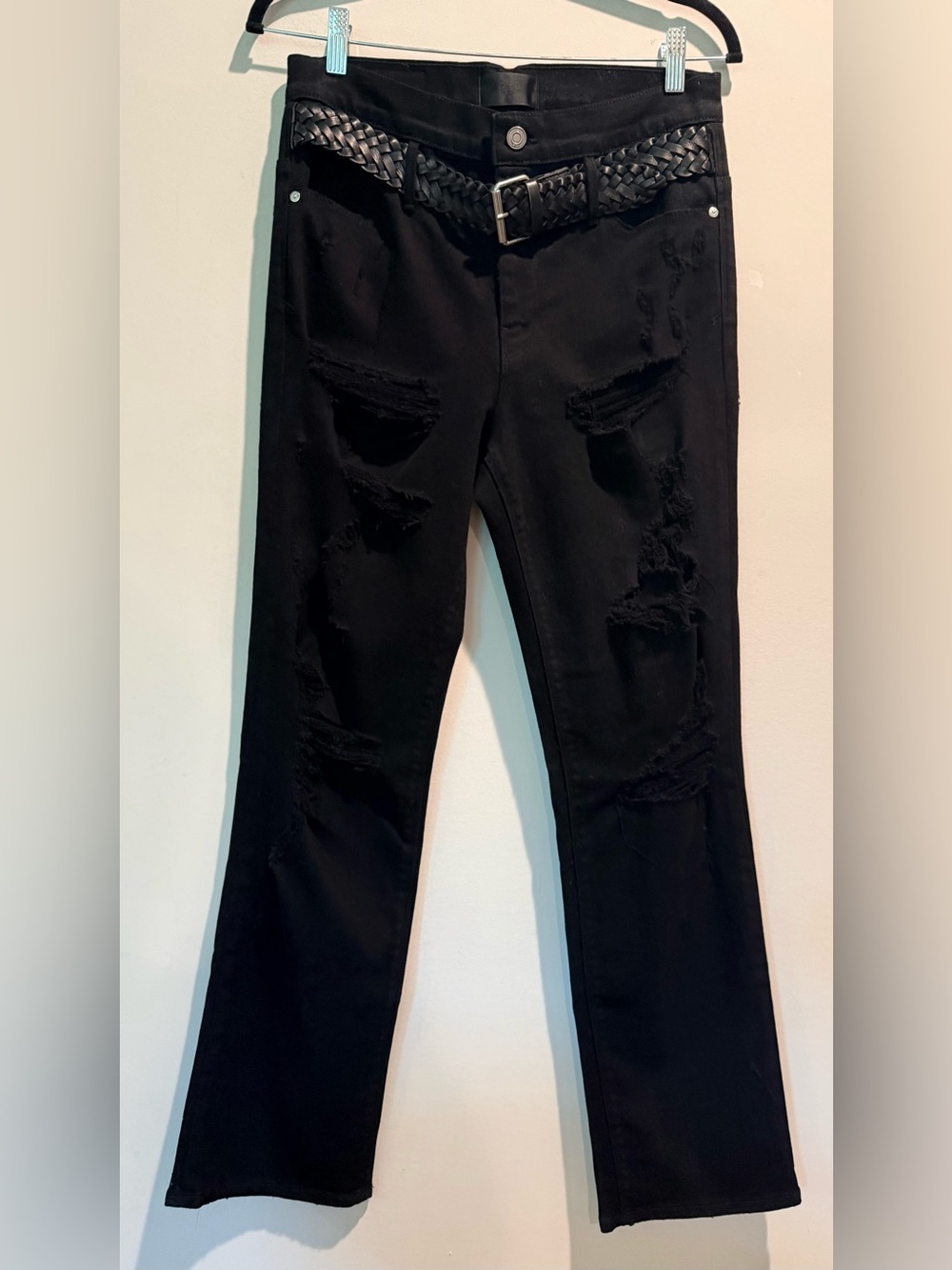 RtA Distressed Jeans w/ Braided Calfskin Leather Belt NWT Size Small